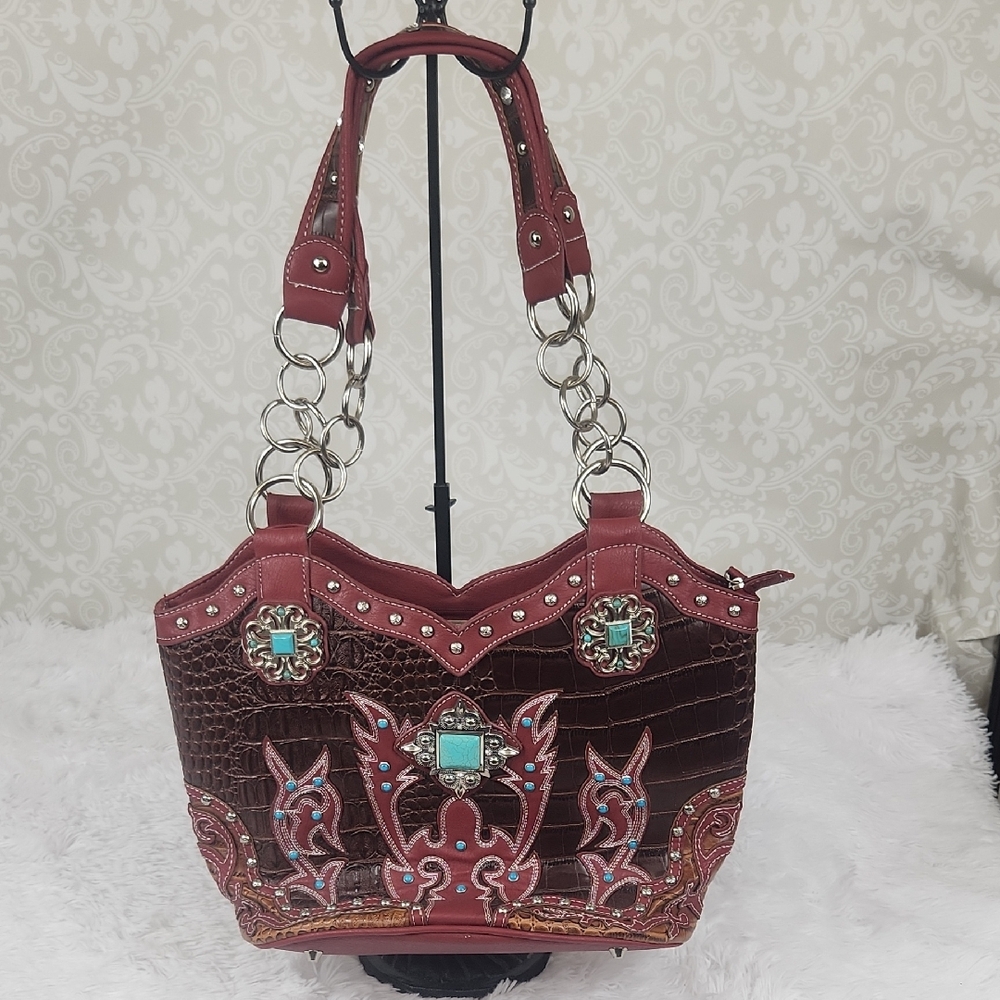 NWOT Cowgirl Trendy™ Dk Red Conceal Carry Turquoise and Rhinestone on Crocodile